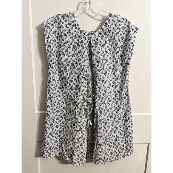 Floral Tunic Blouse Womens Medium White Blue 100% Cotton Tie Waist Boho Top - Picture 7 of 7